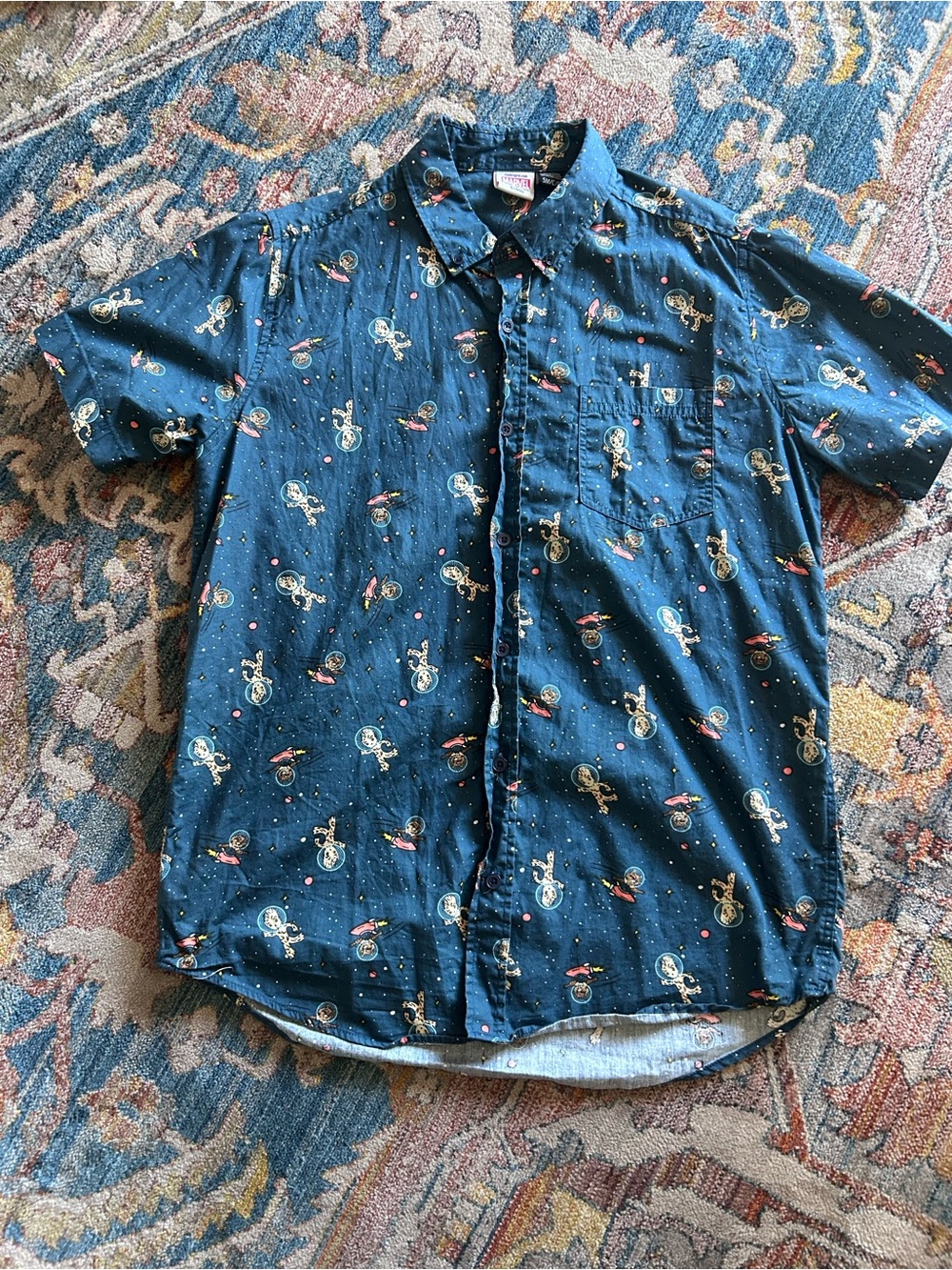 MAD Engine Navy Short-Sleeve Button-Down Shirt with Space Motif